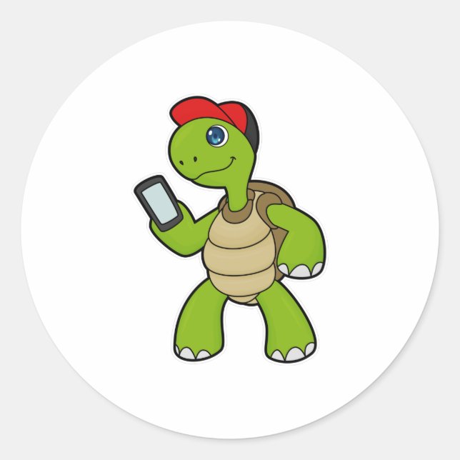 Sticker Rond Tortue avec téléphone et Casquette (Devant)