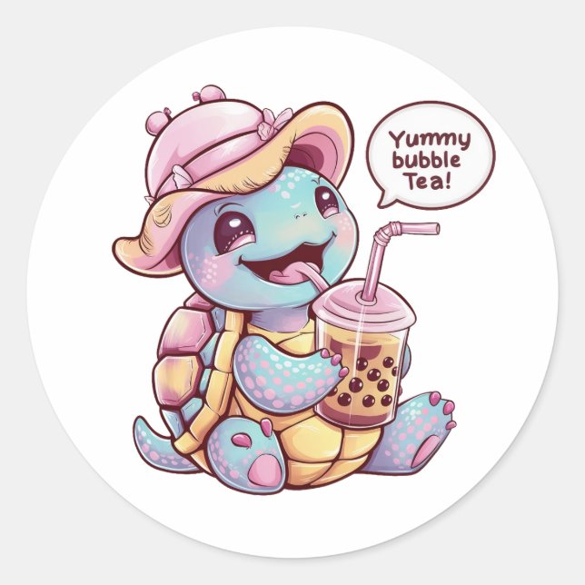 Sticker Rond Tortue caricaturale adorable : Cosy, Kawaii Vibes (Devant)