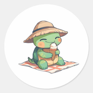 Sticker Rond Tortue Chibi Mignonne avec Chapeau de Paille Mange