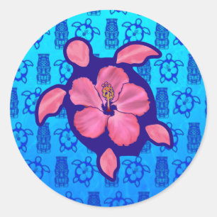 Sticker Rond Tortue de Honu hawaïenne et Hibiscus