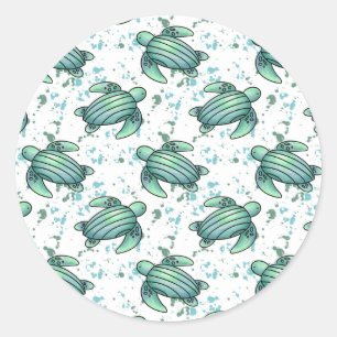 Sticker Rond tortue de mer aquarelle verte motif bleu animal
