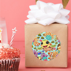 Sticker Rond Tortue de mer Bébé heureux et mignonne personnage