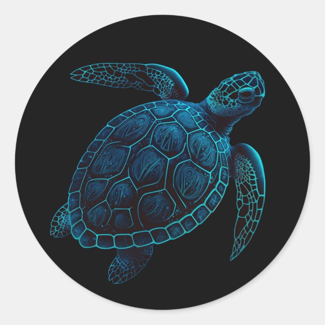 Sticker Rond tortue de mer, dessin numérique bleu (Devant)