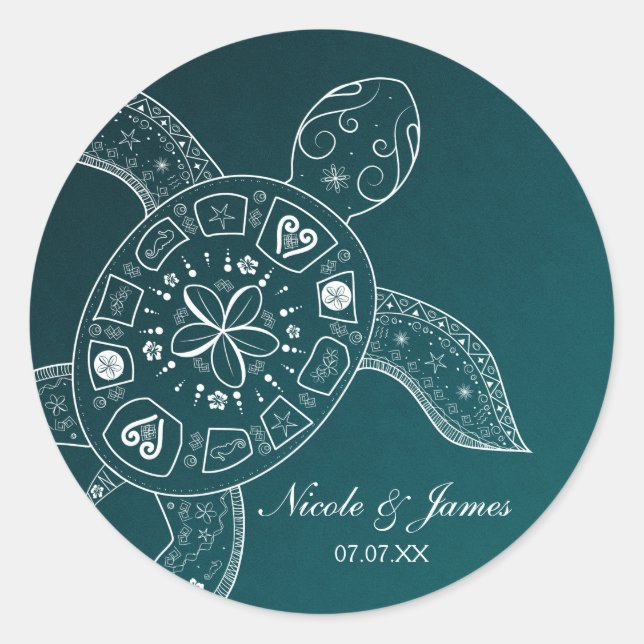 Sticker Rond Tortue de mer hawaïenne blanche sur mariage de pla (Devant)