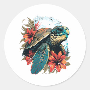 Sticker Rond Tortue de mer hawaïenne Hibiscus Fleur
