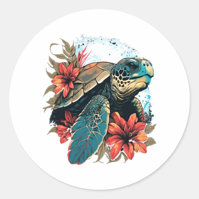 Sticker Rond Tortue de mer hawaïenne Hibiscus Fleur (Devant)