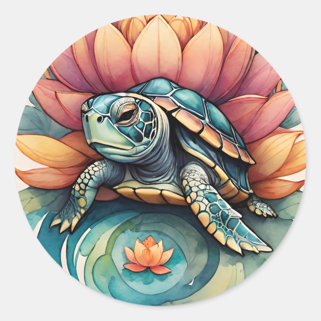 Sticker Rond Tortue de mer Lotus Fleur Art Tortues Amateurs de  (Devant)
