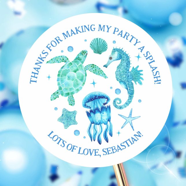 Sticker Rond Tortue de mer, méduse et hippocampe (Sea Turtle, Jellyfish and Seahorse Ocean Classic Round Sticker)