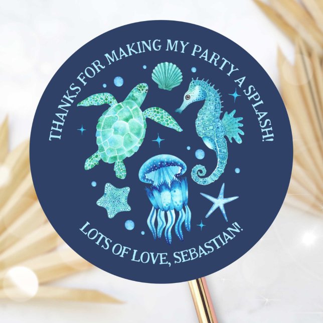 Sticker Rond Tortue de mer, méduse et hippocampe marine (Sea Turtle, Jellyfish and Seahorse Watercolor Navy Classic Round Sticker)