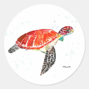 Sticker Rond Tortue de mer Plage Aquarelle Océan sous l'eau