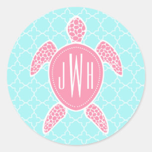 Sticker Rond Tortue de mer rose monogramme + Quatrefoil bleu