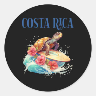 Sticker Rond Tortue de plage de surf souriante Fleurs tropicale