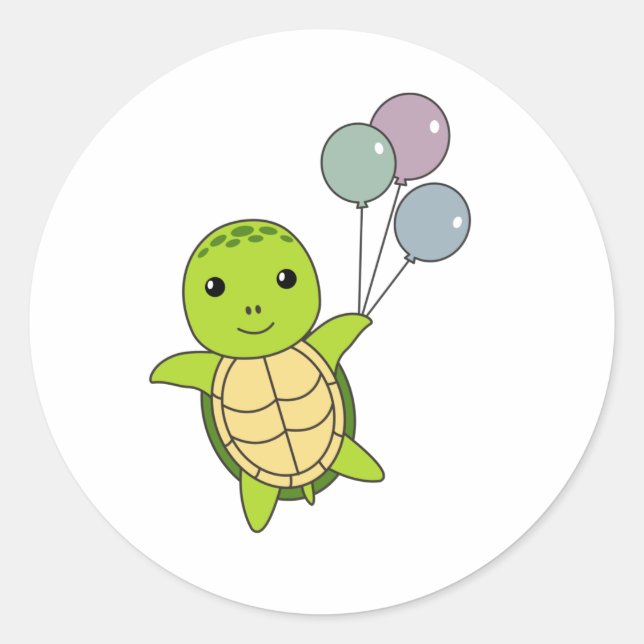 Sticker Rond Tortue Doux Mouches Ballons Enfants (Devant)