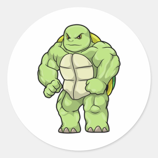 Sticker Rond Tortue en Bodybuilder avec Six pack (Devant)