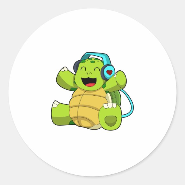 Sticker Rond Tortue en musique avec casque (Devant)