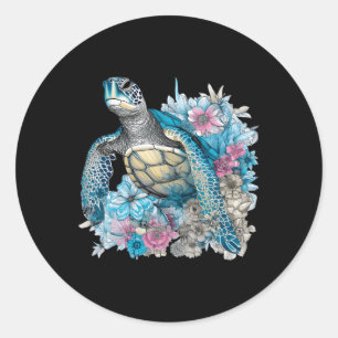 Sticker Rond Tortue Fleur sauvage Amoureux des animaux Tortue