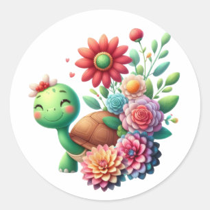 Sticker Rond Tortue florale mignonne
