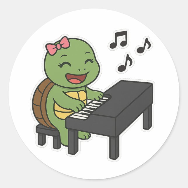 Sticker Rond Tortue jouant du piano (Devant)