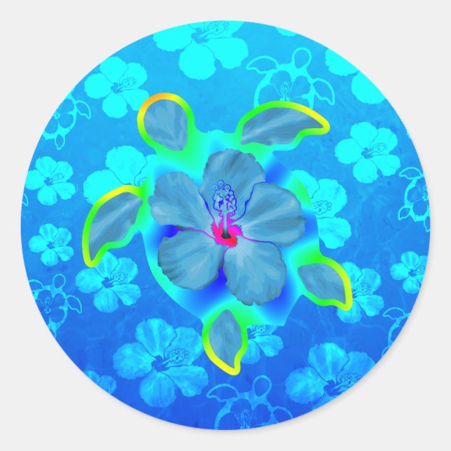Sticker Rond Tortue luth tropicale et Hibiscus (Devant)