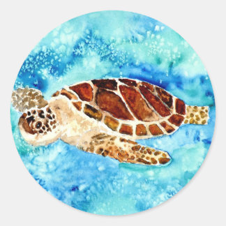 Sticker Rond tortue marine vie marine aquarelle peinture