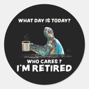 Sticker Rond Tortue Mer Avec Café Quel Jour S'Occupe-T-Il ?