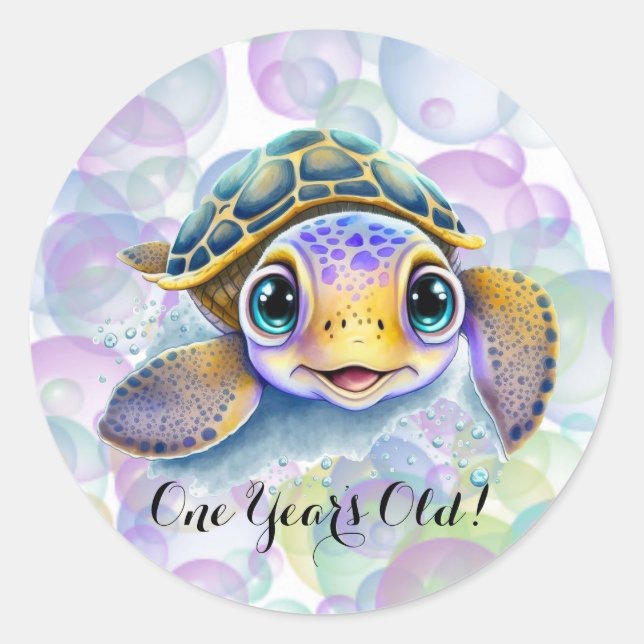 Sticker Rond Tortue mignonne avec bulles 1er. Fête d'anniversai (Devant)