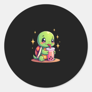 Sticker Rond Tortue mignonne buvant du boba. Drôles de tortues 