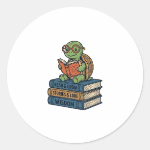 Sticker Rond Tortue mignonne lisant sur des livres Vintage Vect