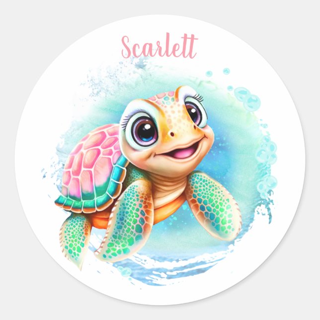 Sticker Rond Tortue mignonne Nom été Fille (Devant)