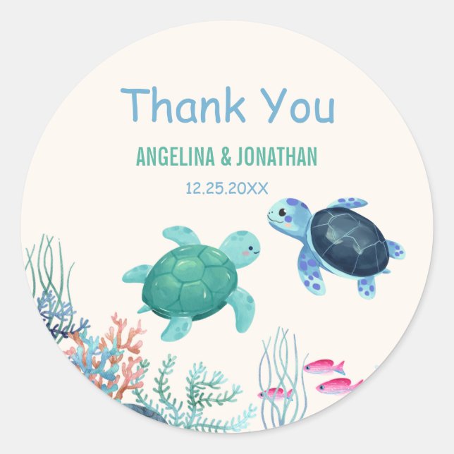 Sticker Rond Tortue mûre sous la mer Anniversaire conjoint (Devant)