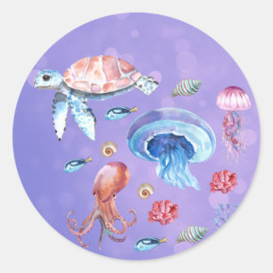 Sticker Rond Tortue Octopus Jellyfish Baignade