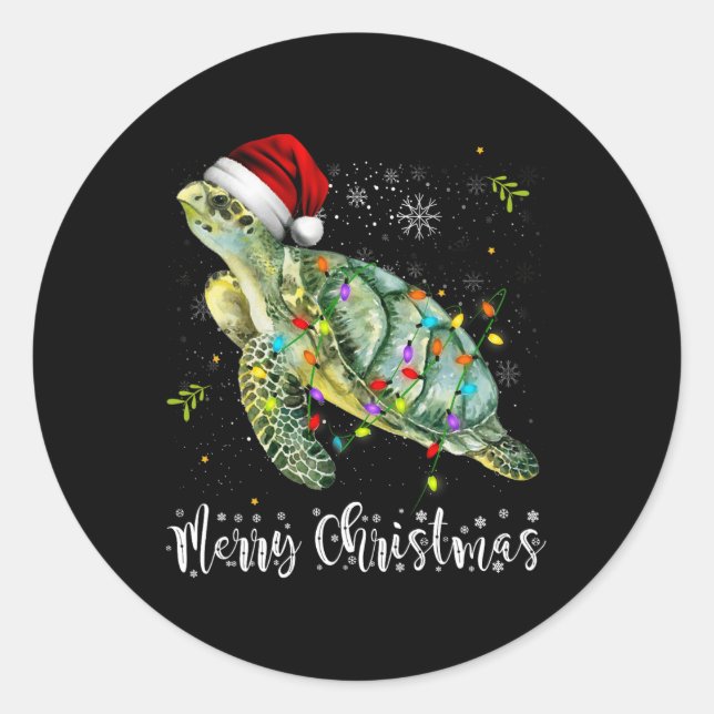 Sticker Rond Tortue Santa Hat Joyeux Noël Lumières Noël Fêtes (Devant)