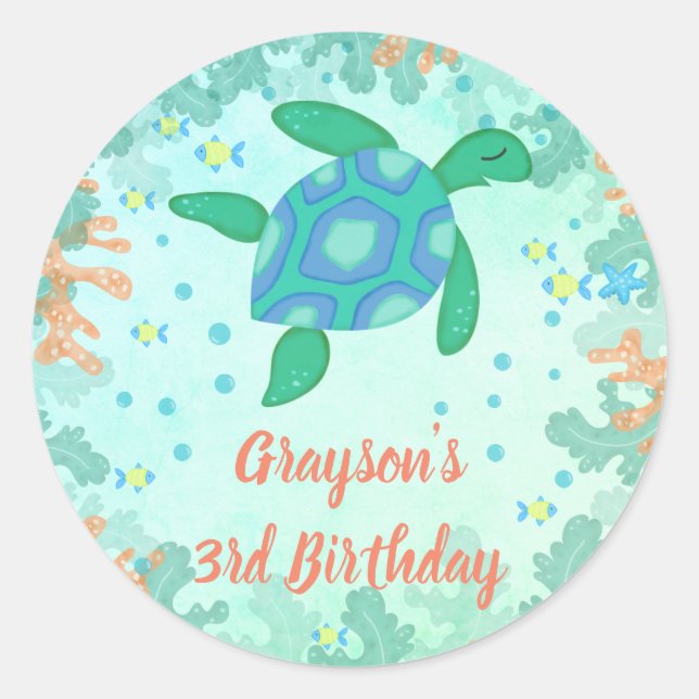 Sticker Rond Tortue sous la mer Anniversaire (Devant)