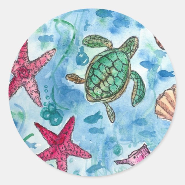 Sticker Rond Tortue Starfish Shells Sea Creator Aquarelle (Devant)