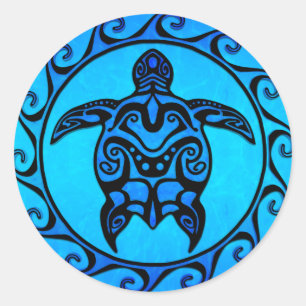 Sticker Rond Tortue tribale bleue Sun