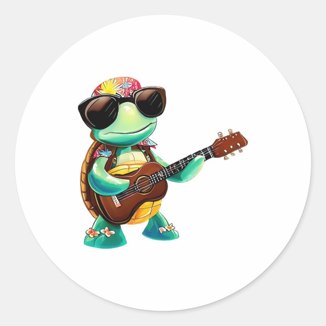 Sticker Rond Tortue tropicale avec guitare (Devant)