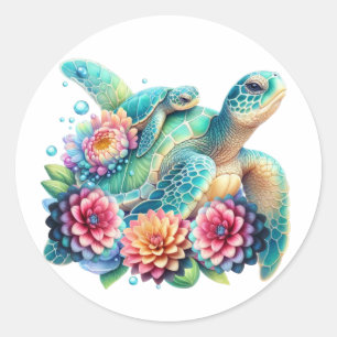 Sticker Rond Tortue Turquoise Florale