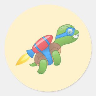 Sticker Rond Tortue volante avec un Jetpack rouge Jaune