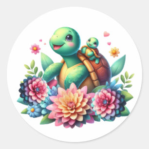 Sticker Rond Tortues de mer florales douces