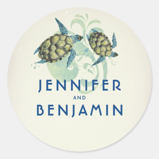 Sticker Rond Tortues de mer Mariage balnéaire tropical (Devant)