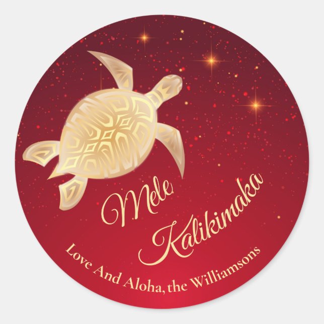 Sticker Rond Tortues d'or Rouge | Mele Kalikimaka | Personnalis (Devant)