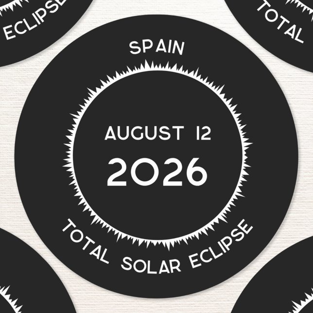 Sticker Rond Total Éclipse Solaire 2026 Espagne (Total Solar Eclipse August 12 2026 Spain custom text sticker)