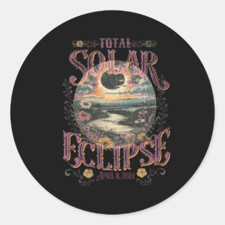 Sticker Rond Total Éclipse Solaire 8 avril 2024 Fleurs Vintages