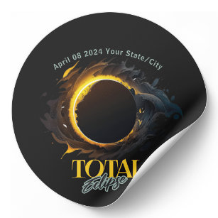 Sticker Rond Total Solaire Eclipse 2024 Votre Ville État Noir