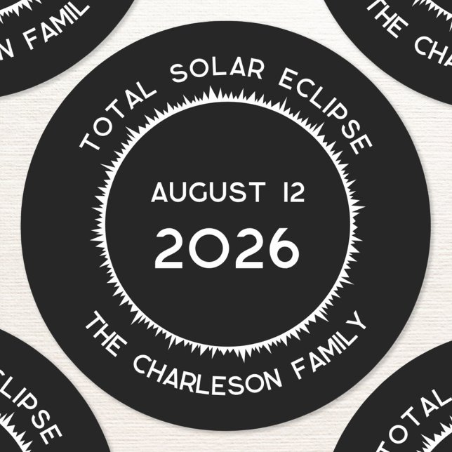 Sticker Rond Total Solaire Eclipse 2026 Personnalisé (Total Solar Eclipse August 12 2026 Greenland Iceland Spain personalized custom text name sticker)