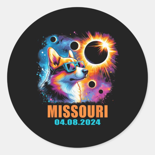 Sticker Rond Totalité Total Solaire Eclipse 2024 Missouri Corgi (Devant)