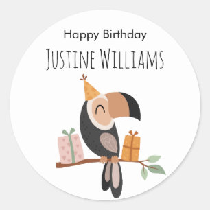 Sticker Rond Toucan avec chapeau de fête et cadeaux d'anniversa