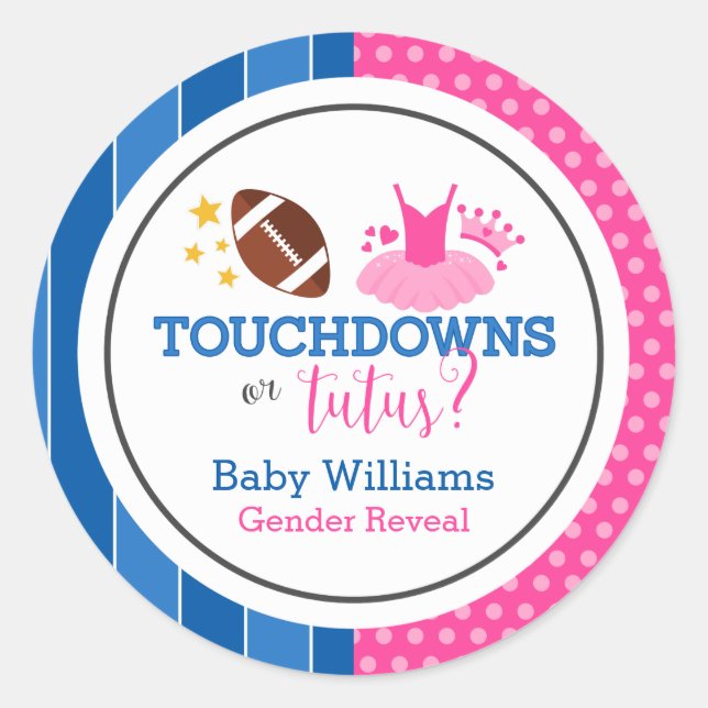 Sticker Rond Touchdowns ou Tutus Pink Blue Genre Reveal Party (Devant)