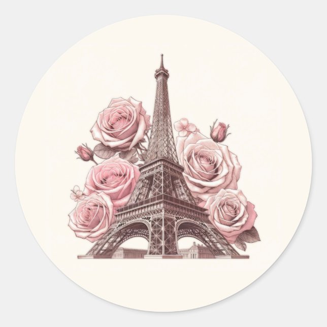 Sticker Rond Tour Eiffel de Paris & Roses Roses (Devant)