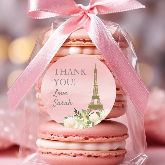 Sticker Rond Tour Eiffel en or rose Merci d'anniversaire (Eiffel Tower birthday party "Thank you" sticker)
